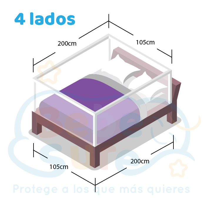 4 barandas Para cama 1.5 Plaza Gris 105x105x200x200 cm Altura colchón hasta 38 cm - Imagen 2