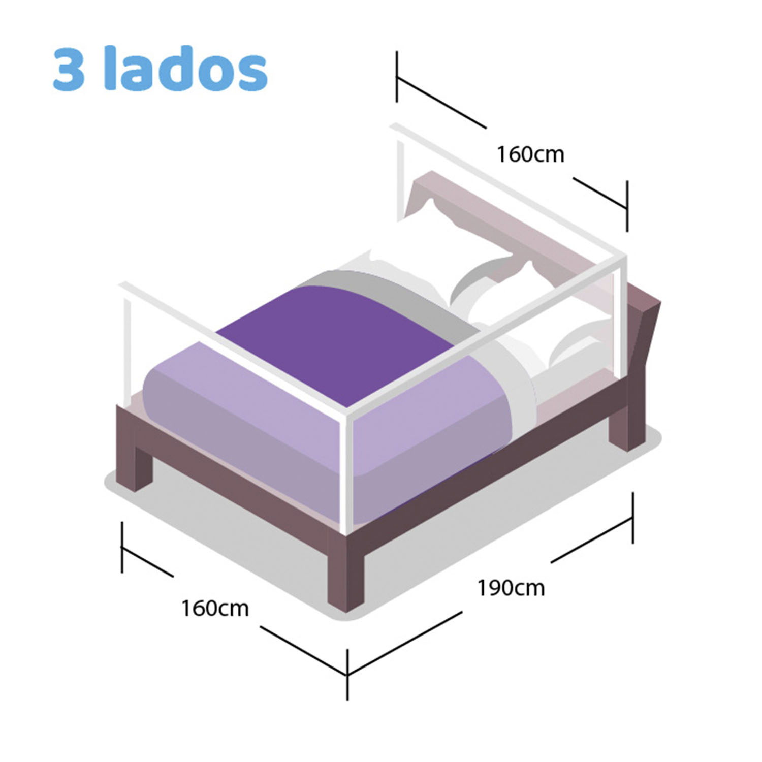 3 barandas Para cama Queen 160x190x160 cm + soporte lateral 190 cm Altura colchón hasta 38 cm - Imagen 3