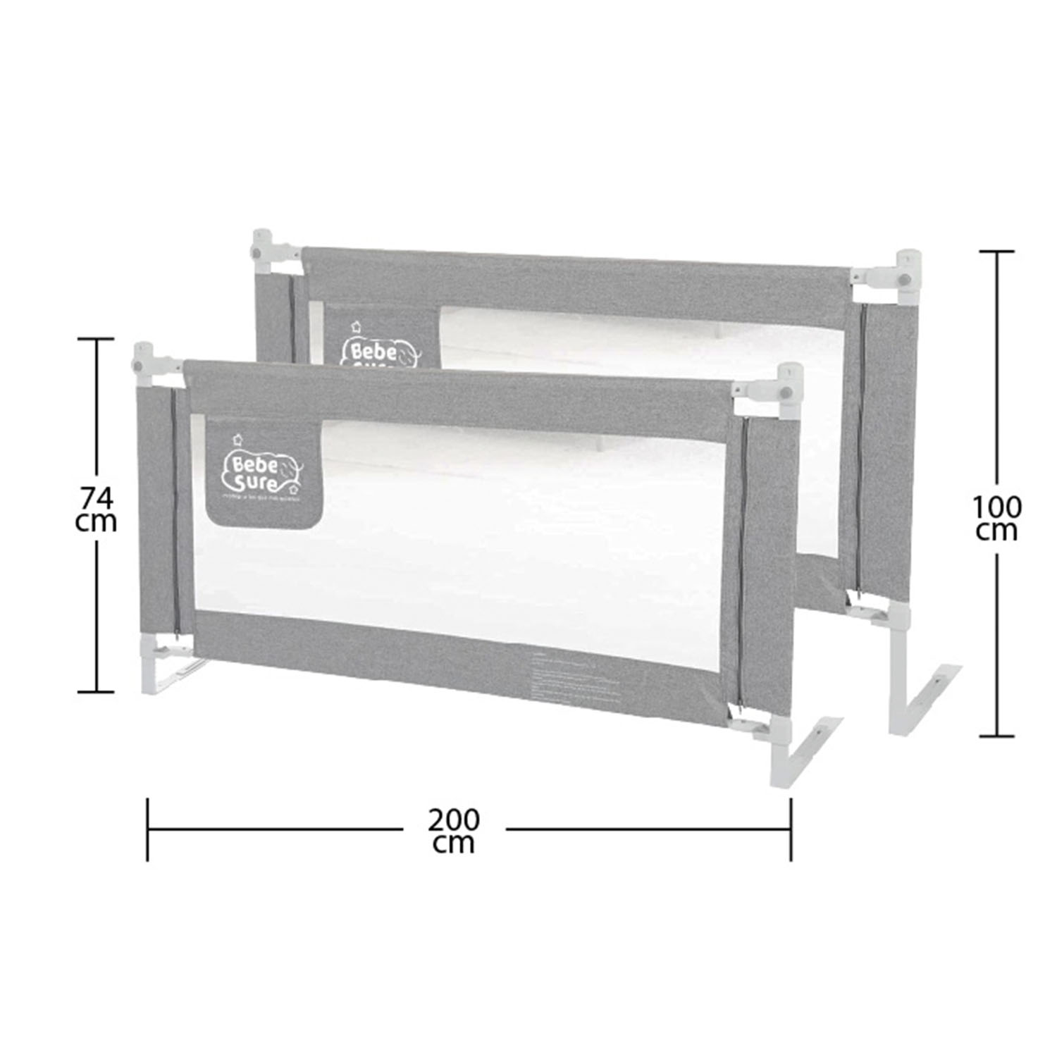 1 Baranda Lateral 200 cm Gris Altura colchón hasta 27 cm - Imagen 2