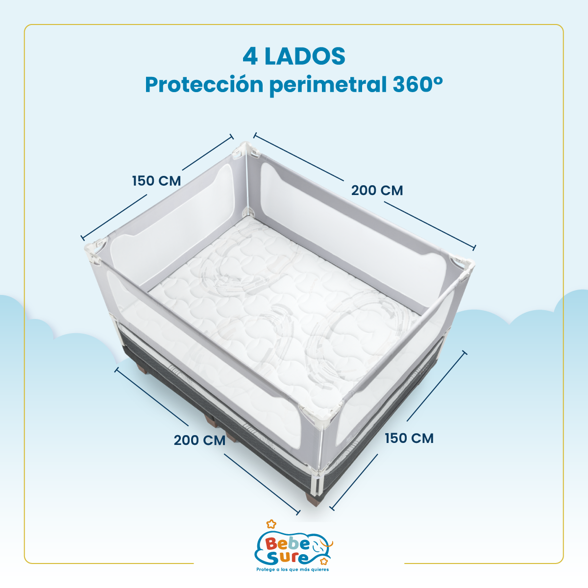 Set 4 Barandas Bebe Sure Guardian para Cama 2 Plazas 150 x 200 cm Compatible con Colchones Bajos y Altos - Imagen 2