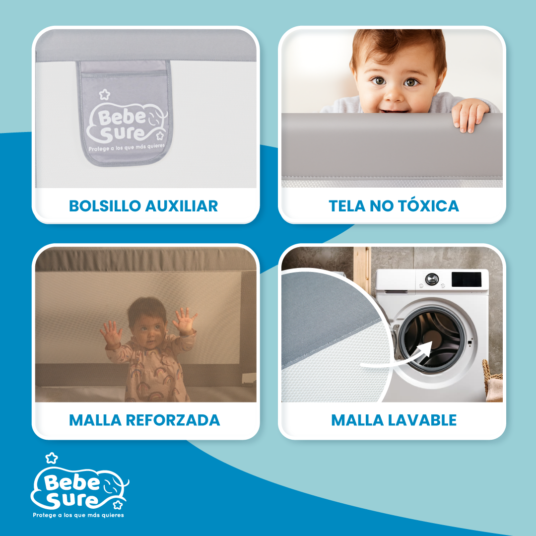 3 barandas Para cama 1 Plaza 90x200x90 cm + soporte lateral 200 cm Altura colchón hasta 38 cm - Imagen 17