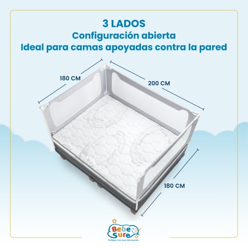 Set 3 Barandas + Soporte Lateral Bebe Sure Guardian para Cama King 180 x 200 cm Compatible con Colchones Bajos y Altos