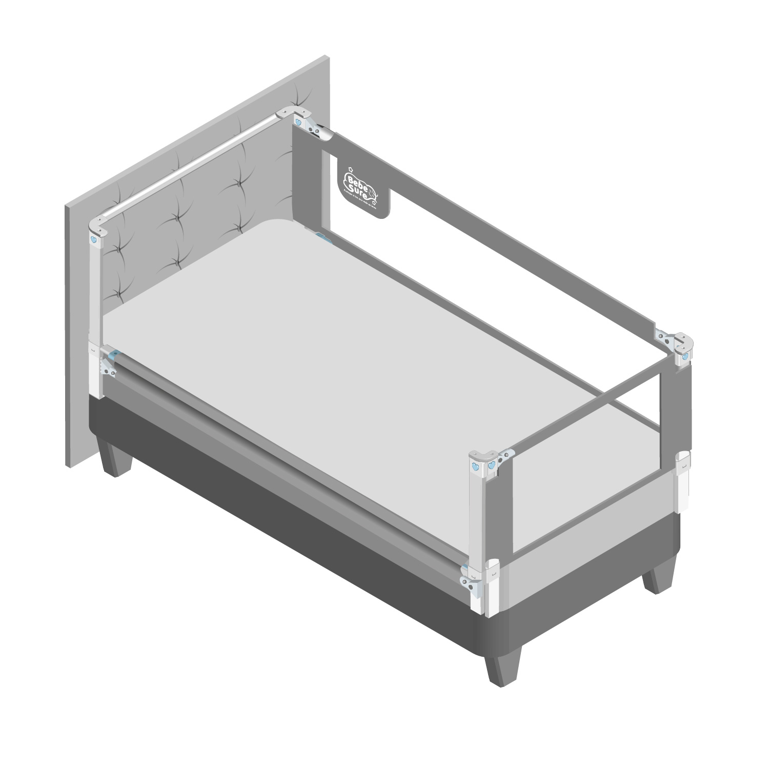 3 Barandas+ soporte de cabecera Para Cama 1 Plaza 90x190x190 cm Gris Altura colchón hasta 38 cm - Imagen 2