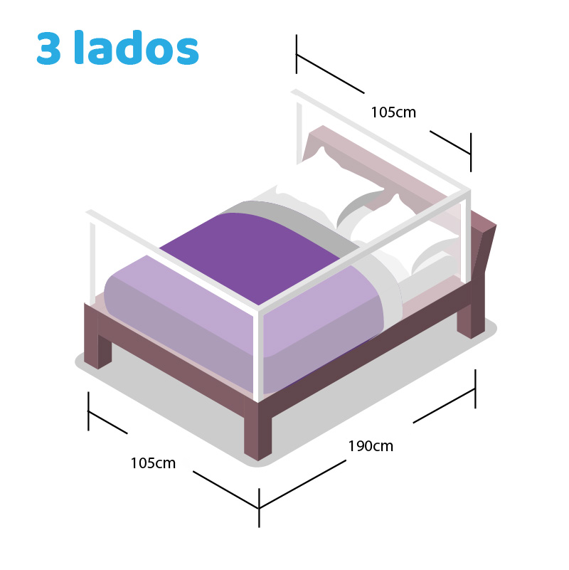 3 barandas Para cama 1.5 Plaza 105x190x105 cm + soporte lateral 190 cm Altura colchón hasta 38 cm - Imagen 3