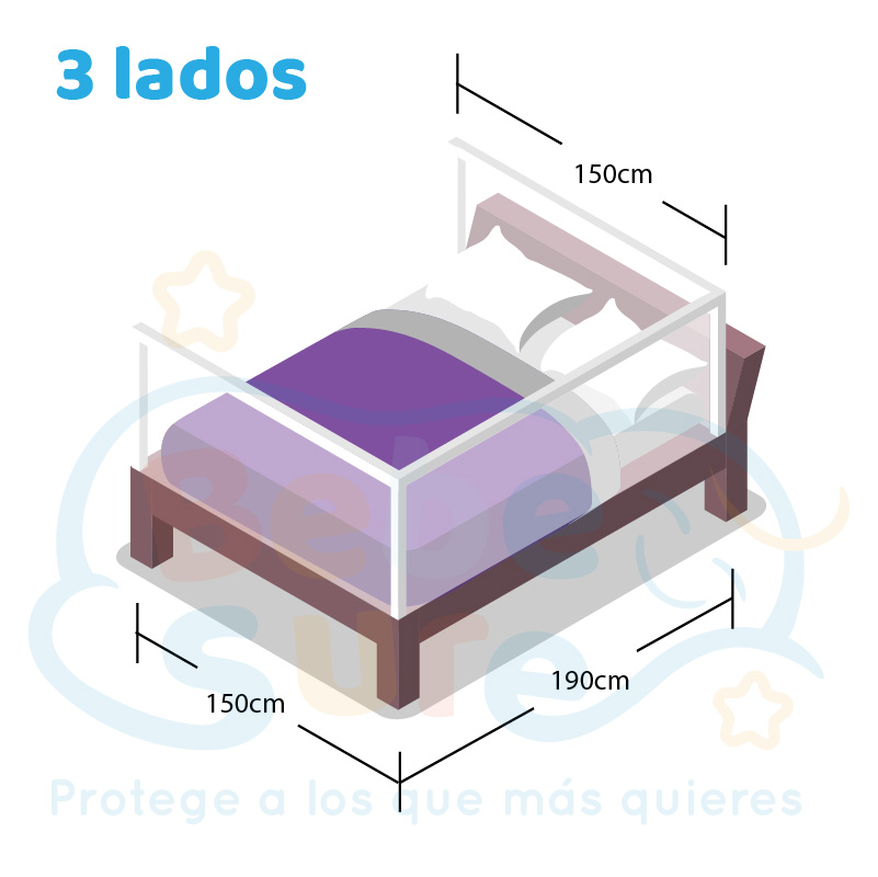 3 barandas Para cama 2 plazas 150x190x150 cm + soporte lateral 190 cm  Altura colchón hasta 27 cm - Imagen 3