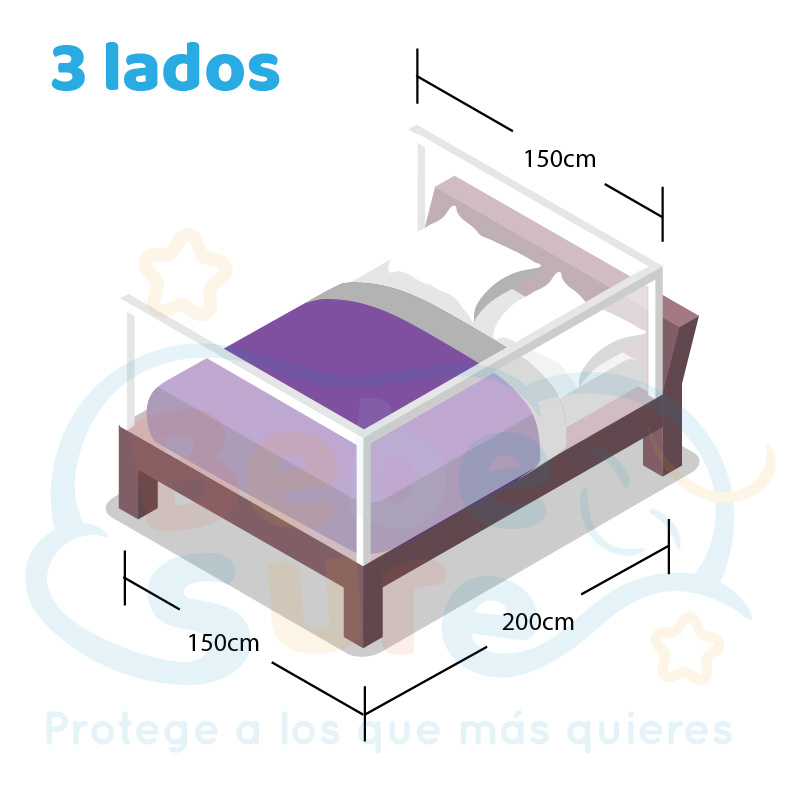 3 barandas Para cama 2 plazas 150x200x150 cm + soporte lateral 200cm  Altura colchón hasta 27 cm - Imagen 3