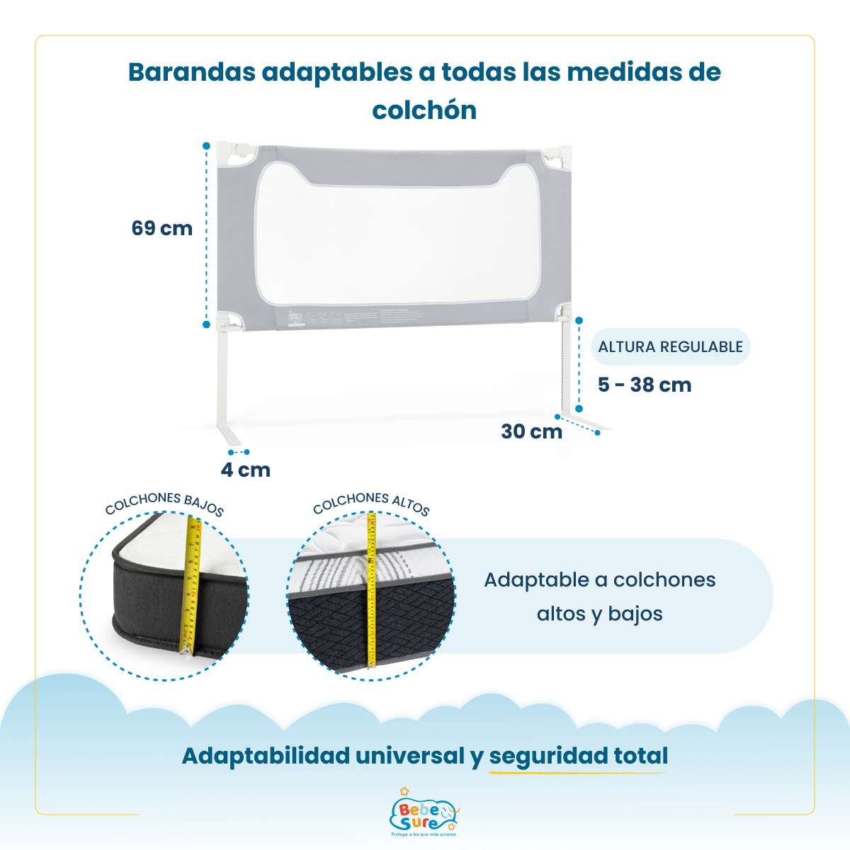 Set 2 Barandas Bebe Sure Guardian para Cama King 180 x 200 cm Compatible con Colchones Bajos y Altos - Imagen 4