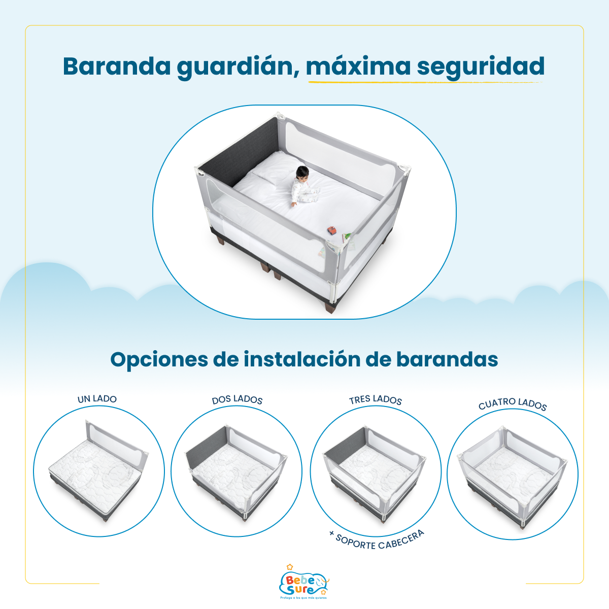 Set 4 Barandas Bebe Sure Guardian para Cama King 180 x 200 cm Compatible con Colchones Bajos y Altos - Imagen 12