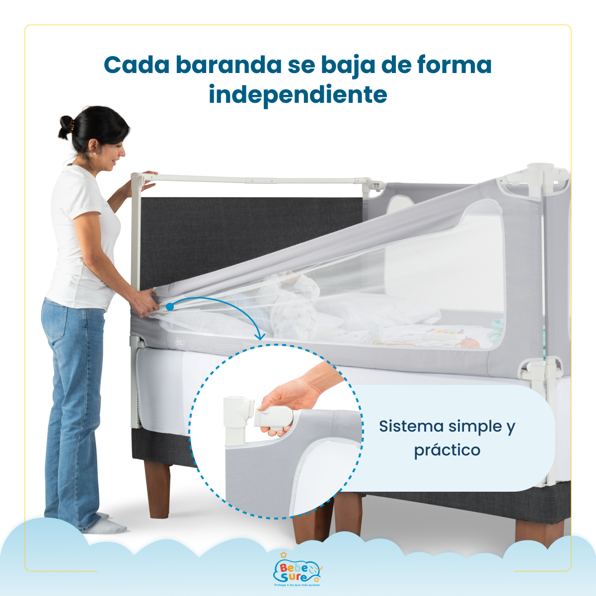 Set 2 Barandas Bebe Sure Guardian para Cama King 180 x 200 cm Compatible con Colchones Bajos y Altos - Imagen 3
