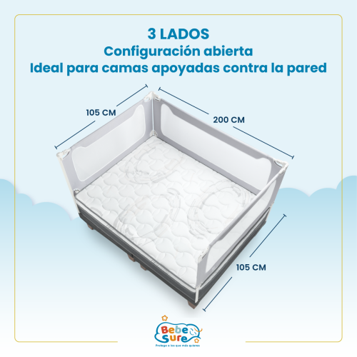 Set 3 Barandas + Soporte lateral Bebe Sure Guardian para Cama 1.5 Plaza 105 x 200 cm Compatible con Colchones Bajos y Altos